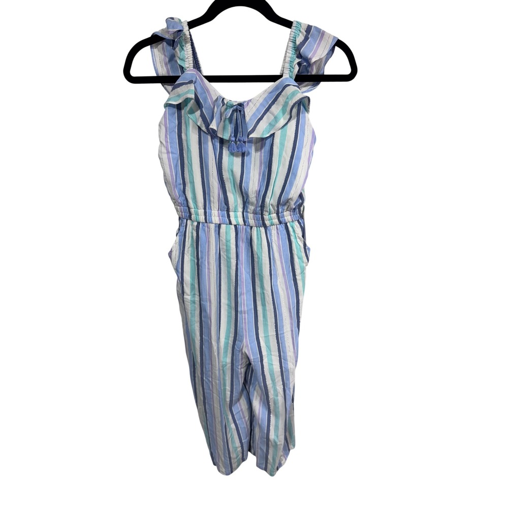 Justice Kids L (12/14) Blue Flounce Sleeve Jumpsuit Striped Ruffle Boho New